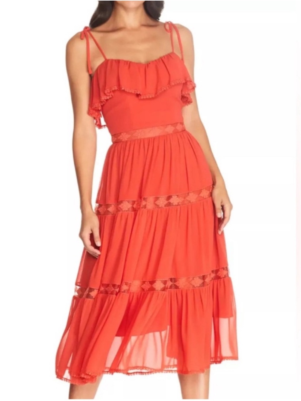 NWT! Dress the Population Dream Chiffon Lace Tiered Dress Poppy orange Sz L